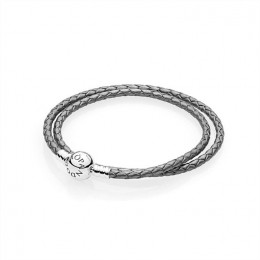Pandora Silver Grey Braided Double-Leather Charm Bracelet 590745CSG-D Jewelry