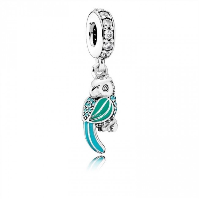 Pandora Tropical Parrot Dangle Charm-Mixed Enamels-Teal & Clear Jewelry