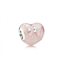 Pandora Pink Bow & Lace Heart Charm-Transparent Misty Rose & Soft Pink Enamel
